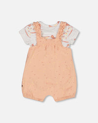 Organic Cotton Onesie And Shortall Set Peach Rose With Printed Heart - F30A12_079