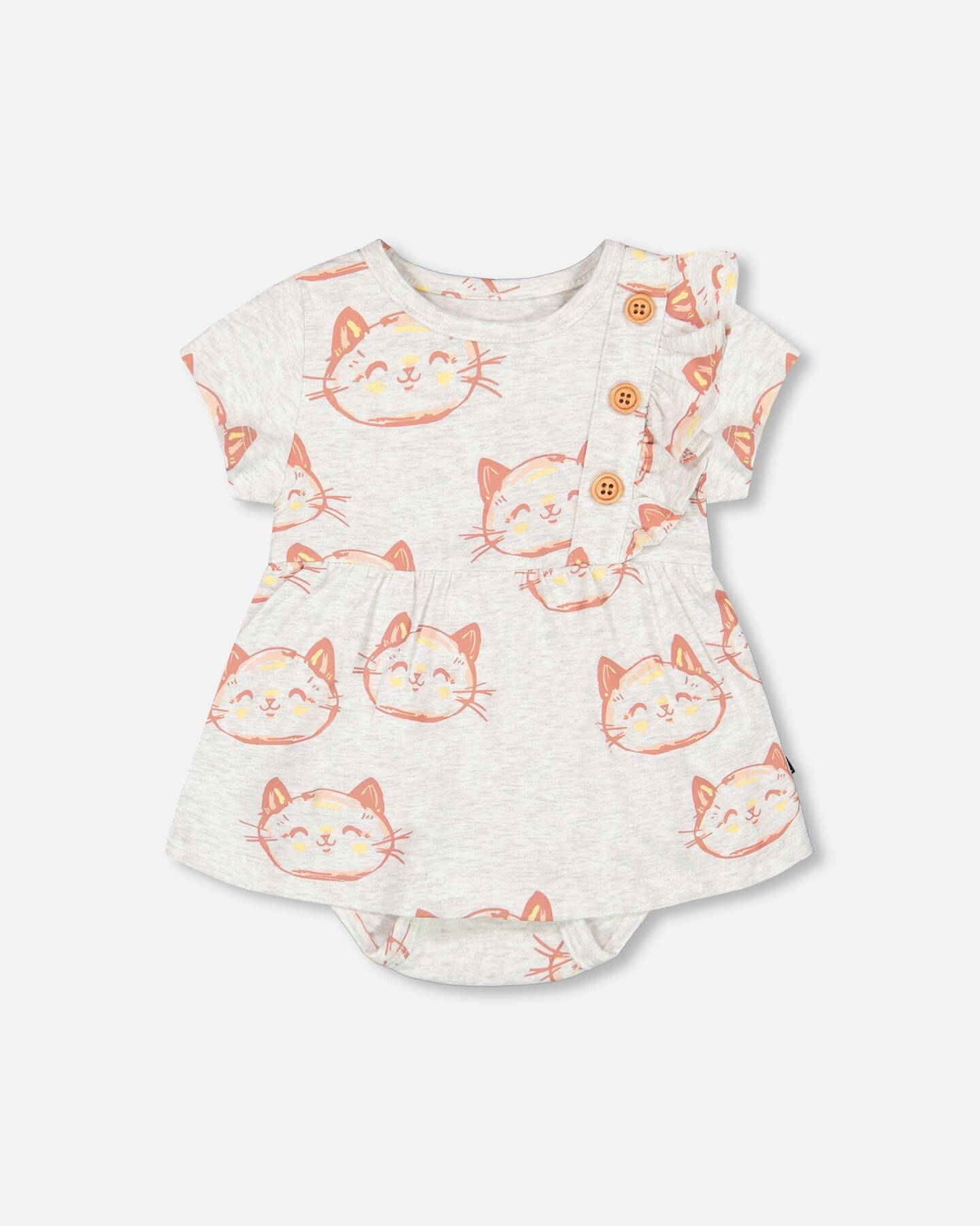 Organic Cotton Printed Romper Heather Beige With Printed Cat - F30A41_078