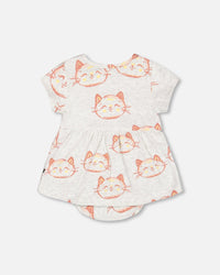 Organic Cotton Printed Romper Heather Beige With Printed Cat - F30A41_078