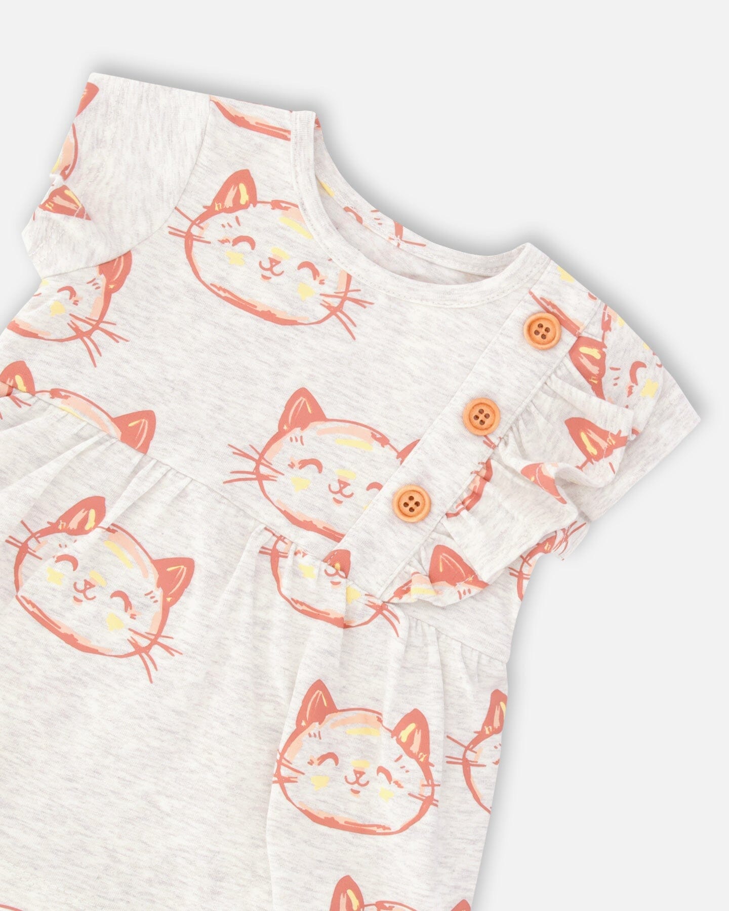 Organic Cotton Printed Romper Heather Beige With Printed Cat - F30A41_078