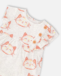 Organic Cotton Printed Romper Heather Beige With Printed Cat - F30A41_078