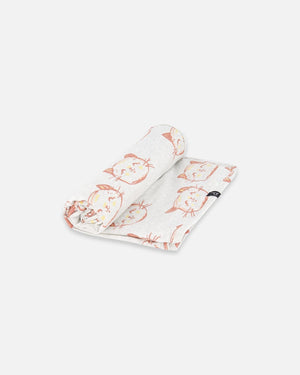 Organic Cotton Blanket Heather Beige With Printed Cat - F30AD_078