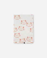 Organic Cotton Blanket Heather Beige With Printed Cat - F30AD_078