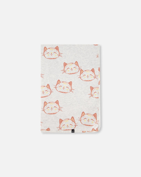 Organic Cotton Blanket Heather Beige With Printed Cat - F30AD_078