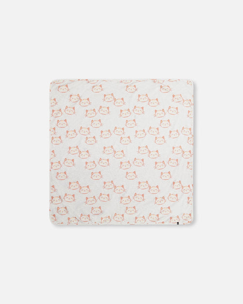 Organic Cotton Blanket Heather Beige With Printed Cat - F30AD_078