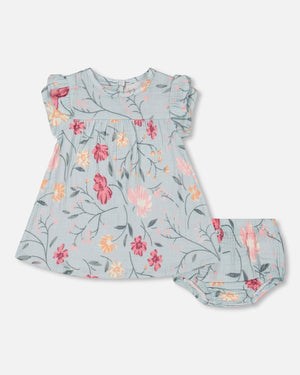 Muslin Dress And Bloomers Set Light Blue With Printed Romantic Flowers - F30B10_073