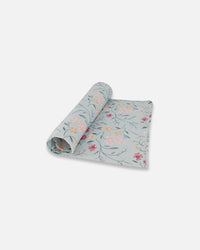 Muslin Cotton Blanket Light Blue With Printed Romantic Flowers - F30BD_073