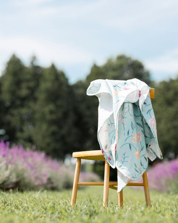 Muslin Cotton Blanket Light Blue With Printed Romantic Flowers - F30BD_073