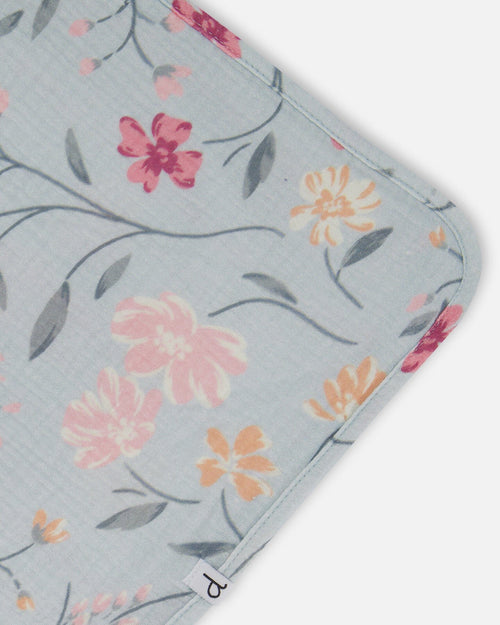 Muslin Cotton Blanket Light Blue With Printed Romantic Flowers - F30BD_073