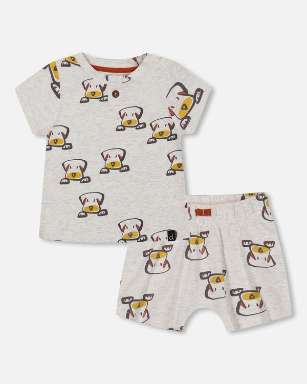 Organic Cotton Top And Short Set Heather Beige With Printed Dog - F30C10_080