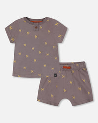 Organic Cotton Top And Short Set Dark Grey With Printed Pixel Dog - F30C10_081