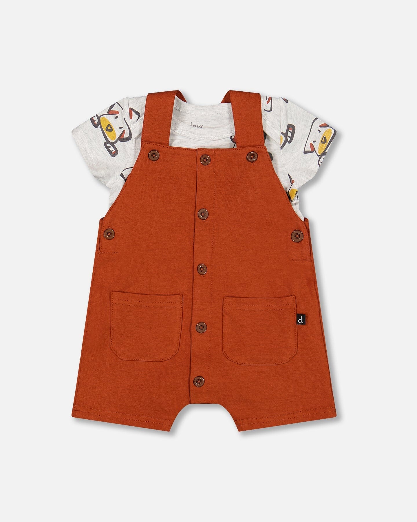Organic Cotton Onesie And Shortall Set Heather Beige With Printed Dog And Cinnamon - F30C11_080