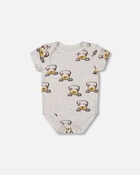 Organic Cotton Onesie And Shortall Set Heather Beige With Printed Dog And Cinnamon - F30C11_080