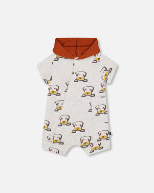 Organic Cotton Hooded Romper Heather Beige With Printed Dog - F30C40_080