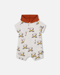 Organic Cotton Hooded Romper Heather Beige With Printed Dog - F30C40_080