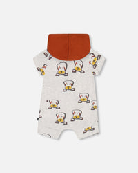 Organic Cotton Hooded Romper Heather Beige With Printed Dog - F30C40_080