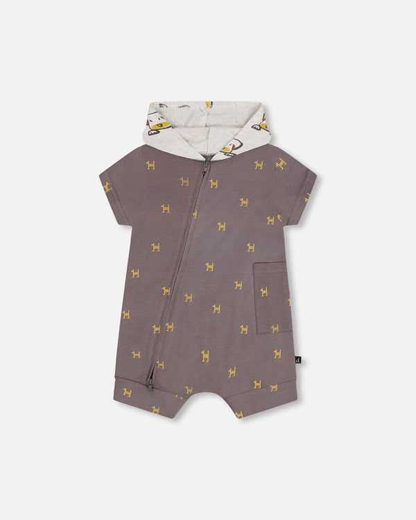 Organic Cotton Hooded Romper Dark Grey With Printed Pixel Dog - F30C40_081