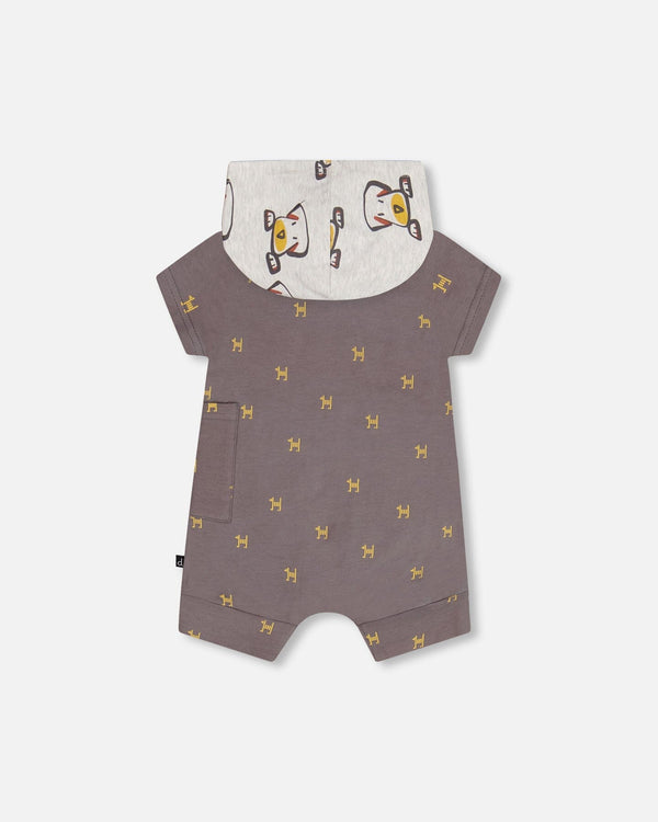 Organic Cotton Hooded Romper Dark Grey With Printed Pixel Dog - F30C40_081