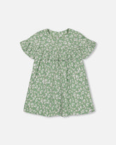 Muslin Dress With Frill Green Jasmine Flower Print