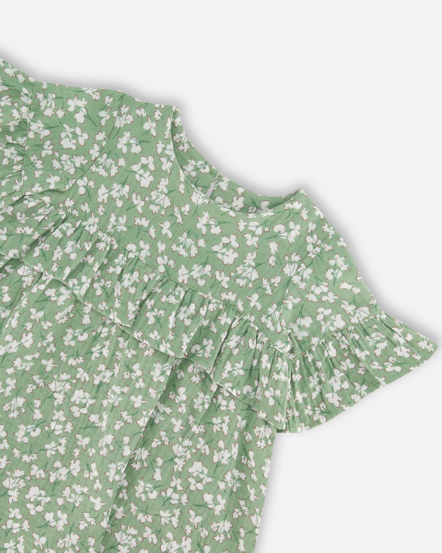 Muslin Dress With Frill Green Jasmine Flower Print - F30F88_090