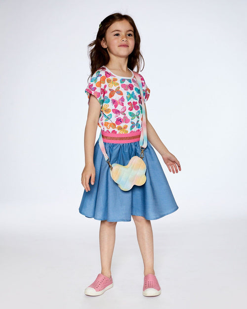 Bi-Material Dress With Chambray Skirt And White Printed Butterflies - F30G86_083