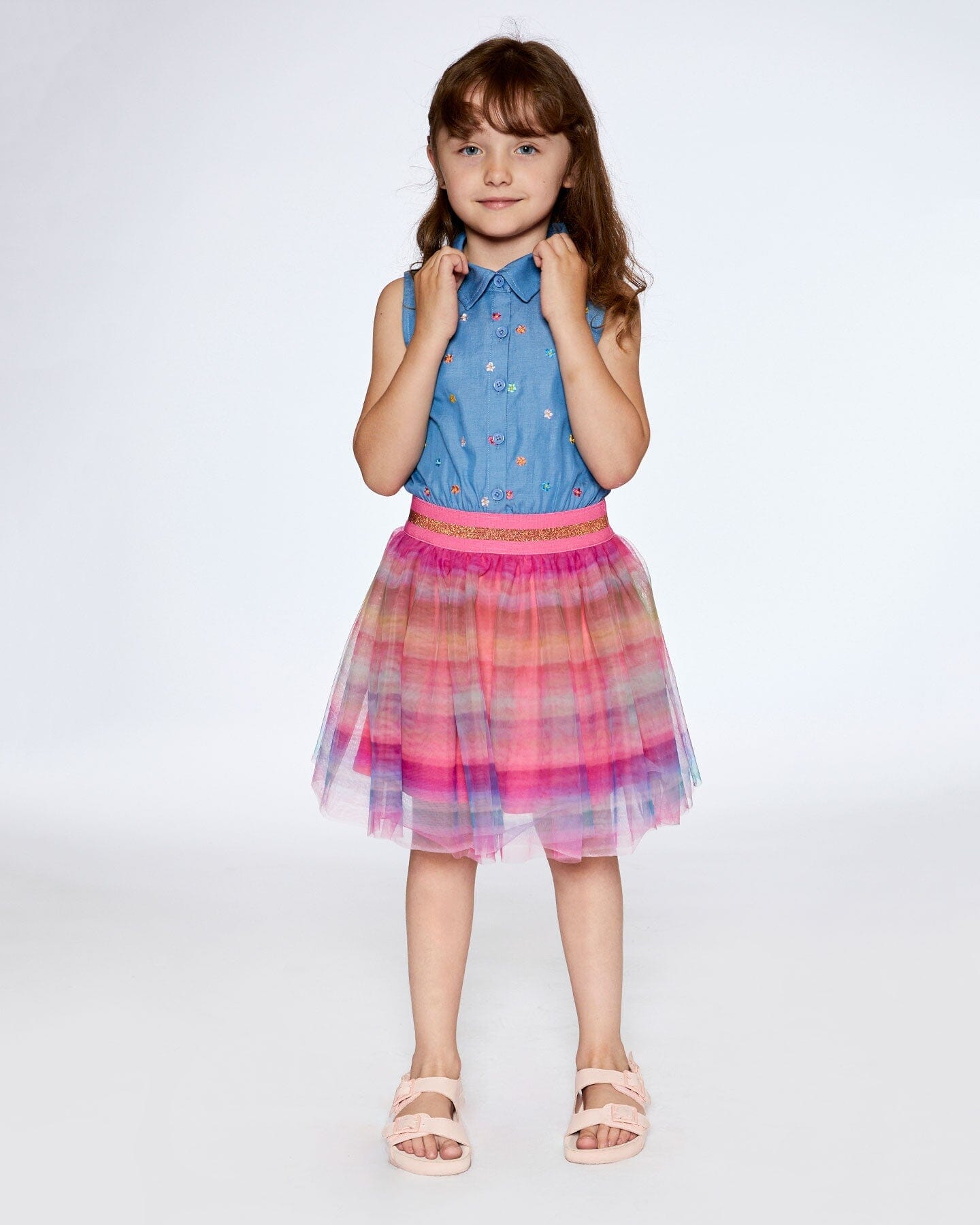 Chambray And Tulle Rainbow Mesh Dress - F30G89_098
