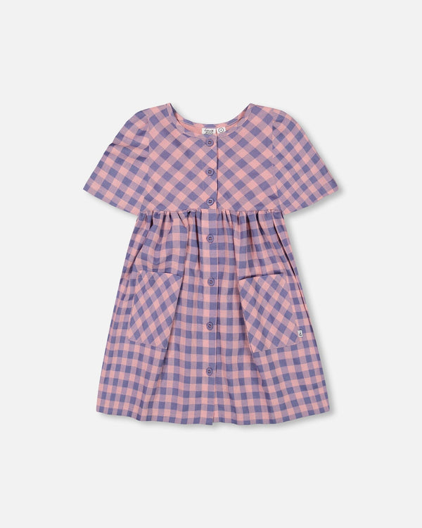 Button Front Dress With Pockets Plaid Pink And Blue - F30I92_082