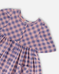 Button Front Dress With Pockets Plaid Pink And Blue - F30I92_082