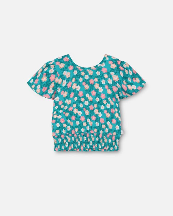 Smocked Waist Viscose Blouse Turquoise - F30J15_085