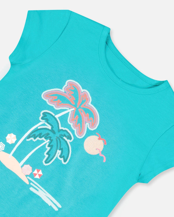 Organic Cotton Tee With Print Turquoise - F30J70_392