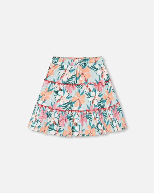 Long Crinkle Peasant Skirt Blue Printed Beach Hibiscus - F30J80_084