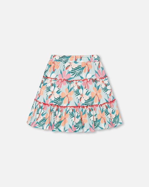 Long Crinkle Peasant Skirt Blue Printed Beach Hibiscus - F30J80_084