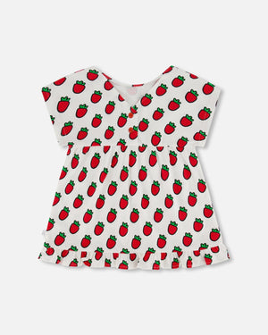 Organic Cotton Long Top With Frill White Printed Pop Strawberry - F30K76_091