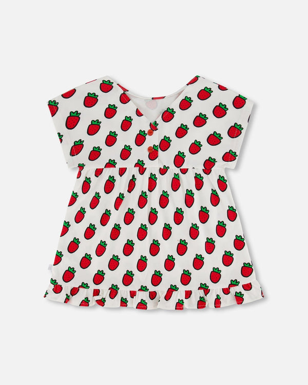 Organic Cotton Long Top With Frill White Printed Pop Strawberry - F30K76_091