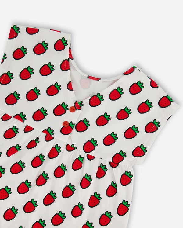 Organic Cotton Long Top With Frill White Printed Pop Strawberry - F30K76_091