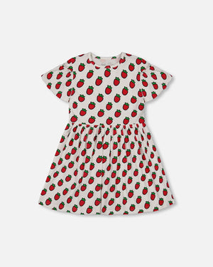 Organic Cotton Dress With Flounce Sleeves White Printed Pop Strawberry - F30K86_091