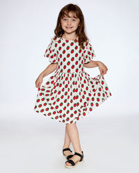 Organic Cotton Dress With Flounce Sleeves White Printed Pop Strawberry - F30K86_091