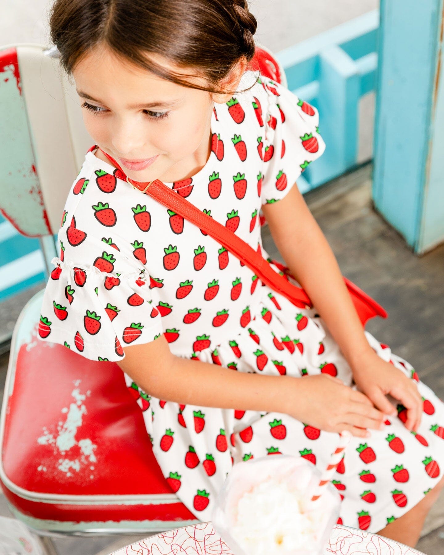 Organic Cotton Dress With Flounce Sleeves White Printed Pop Strawberry - F30K86_091