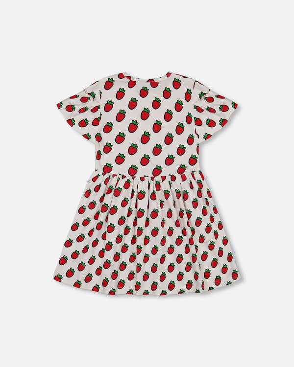 Organic Cotton Dress With Flounce Sleeves White Printed Pop Strawberry - F30K86_091