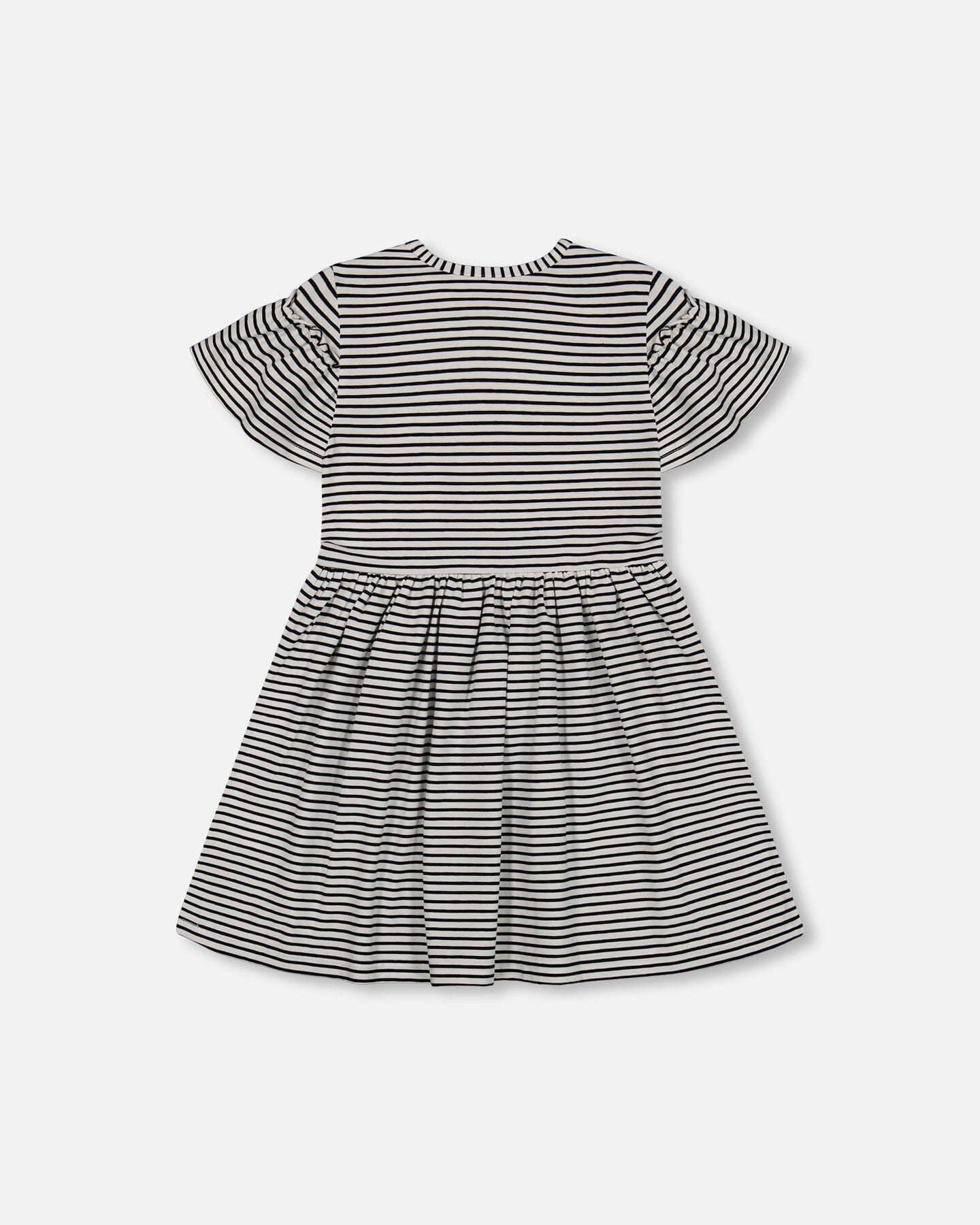Organic Cotton Dress With Flounce Sleeves Stripe Black And White - F30K86_099