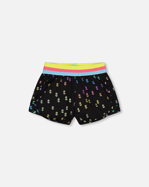 Striped Waist Short Black With Colored Metallic Flower Print - F30L26_040