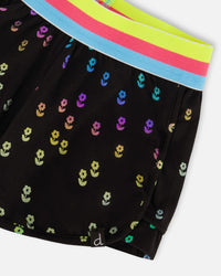 Striped Waist Short Black With Colored Metallic Flower Print - F30L26_040