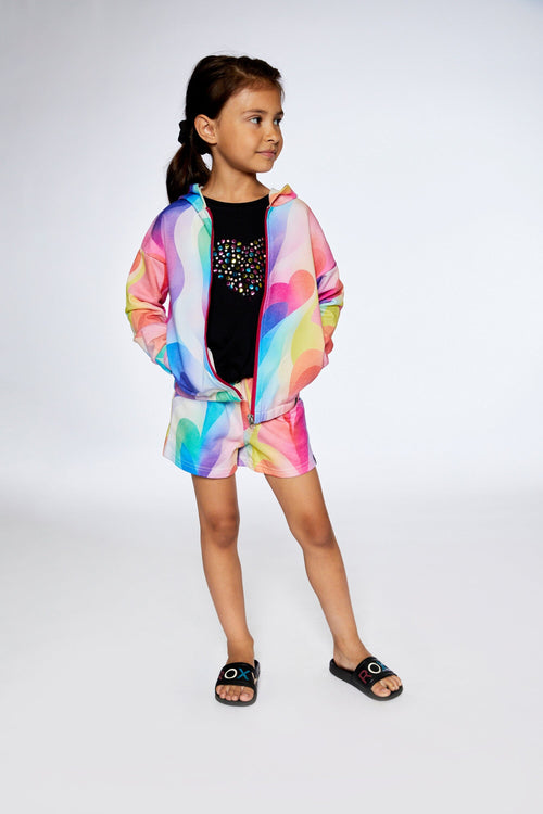 French Terry Hooded Cardigan Printed Rainbow Heart - F30L30_039