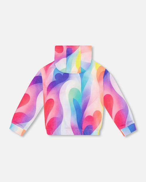 French Terry Hooded Cardigan Printed Rainbow Heart - F30L30_039