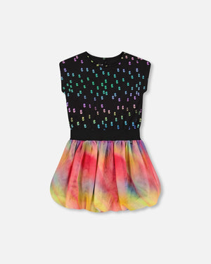 Bi-Material Dress With Rainbow Mesh Bubble Skirt - F30L93_040