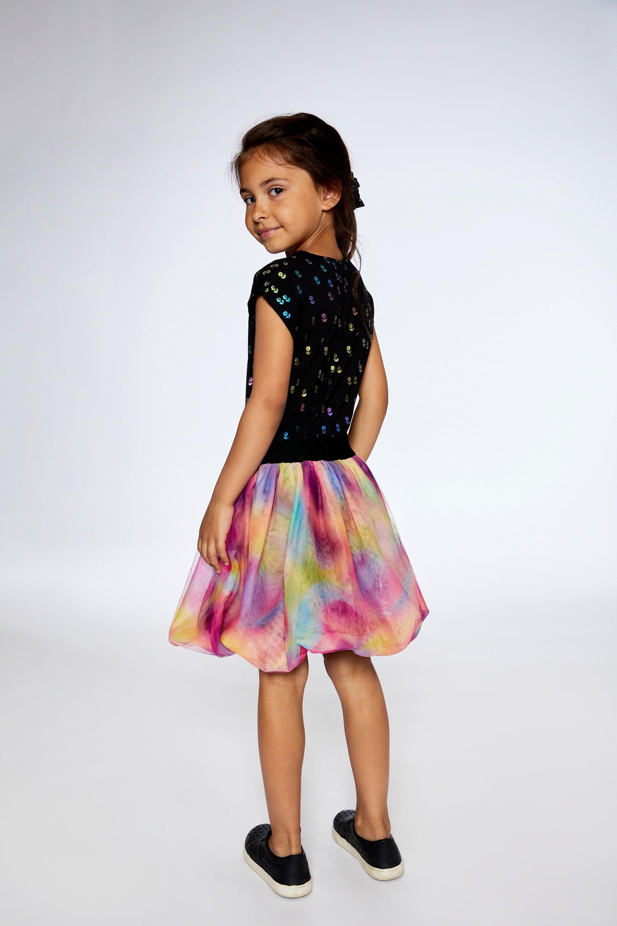 Bi-Material Dress With Rainbow Mesh Bubble Skirt - F30L93_040