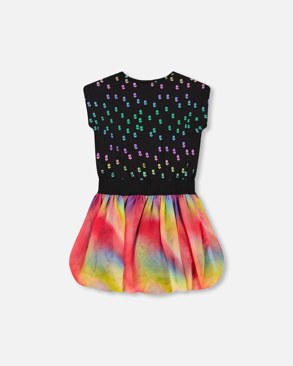 Bi-Material Dress With Rainbow Mesh Bubble Skirt - F30L93_040