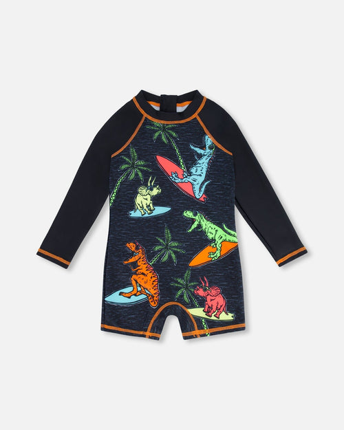 Long Sleeve One Piece Rashguard Black Printed Dinosaurs - F30NB25_999