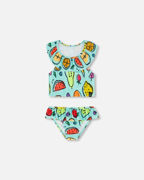 Two Piece Swimsuit Baby Blue Printed Fruits - F30NG60_058