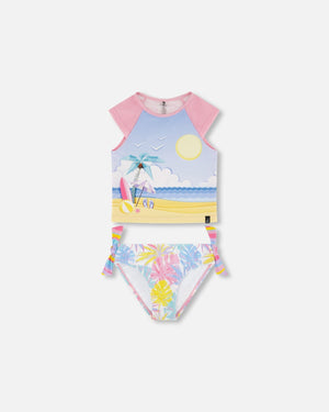 Two Piece Rashguard Swimsuit Palm Leaf Pastel Print - F30NG92_070